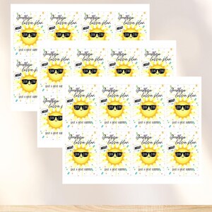May include: Sheets of stickers with a yellow sun wearing sunglasses, the text "Goodbye lesson plan" and "Have a great summer". The word "Hello" is also included. The text "print as many copies as you need!" is at the bottom.