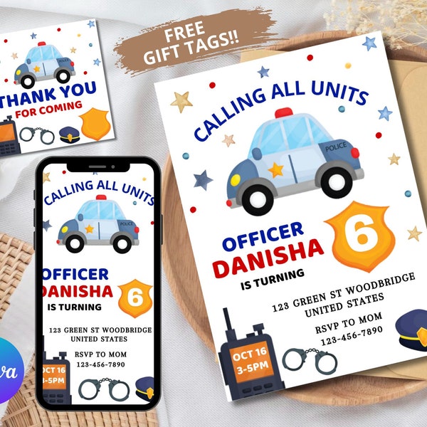 Police Birthday Invitation, EDITABLE Cop Car Party Invite Template, Boys Birthday, Police Officer, Calling All Units, Policeman Invitation