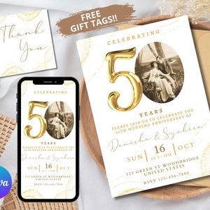 50th Wedding Anniversary Invitation, Golden Anniversary Photo Invitation Template, Editable, with Photo, Wedding Anniversary Printable