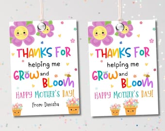 Grow and Bloom Mother's Day Gift Tag Printable, Cute Flower Gift Tags for Mom, Mother's Day Tag from Kids, Instant Download PDF