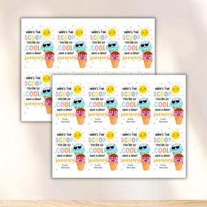 May include: Sheets of summer-themed stickers with ice cream cones, sunglasses, and suns. Each sticker reads "Here's the Scoop, You're so Cool! Have a Great Summer!" and "From: Danisha."