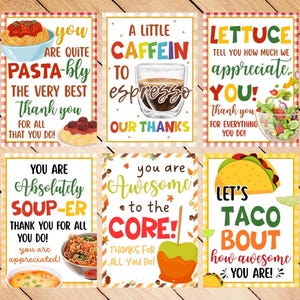 May include: Six colorful greeting cards with food-themed puns. The cards feature phrases like "Pasta-bly the very best," "A little caffein to espresso," and "Let's taco bout how awesome you are!" Each card includes a food illustration.