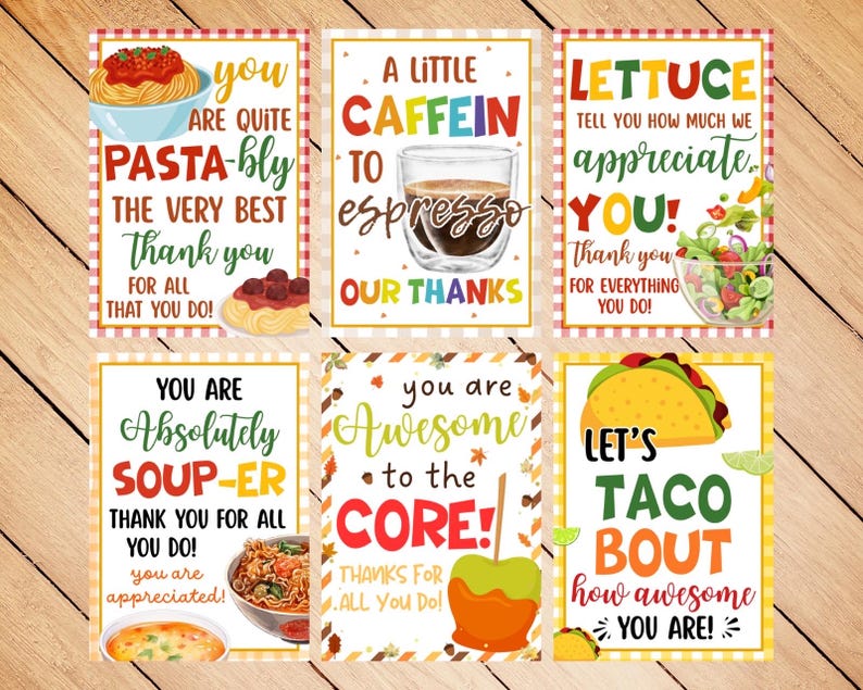 May include: Six colorful greeting cards with food-themed puns. The cards feature phrases like "Pasta-bly the very best," "A little caffein to espresso," and "Let's taco bout how awesome you are!" Each card includes a food illustration.
