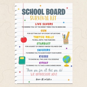 Étiquettes-cadeau pour trousse de survie du conseil scolaire, Carte de remerciement pour le membre du conseil scolaire, Mois de la reconnaissance du conseil scolaire, Étiquette-cadeau du conseil scolaire