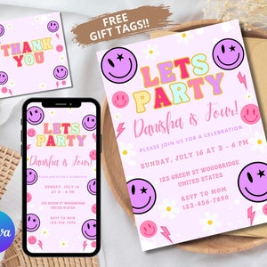 Editable Preppy Let's Celebrate Birthday Invitation for Girl Template Smile Face Birthday,Digital Preppy Girl Birthday Party Invite SMK1