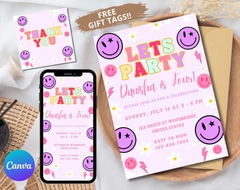 Editable Preppy Let's Celebrate Birthday Invitation for Girl Template Smile Face Birthday,Digital Preppy Girl Birthday Party Invite SMK1