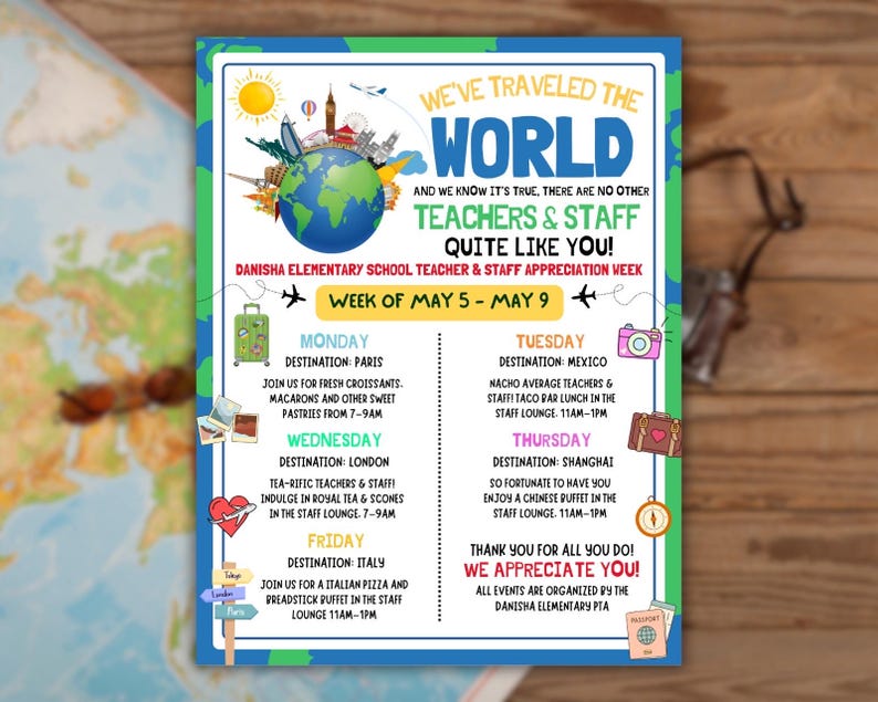 International Theme Teacher Appreciation Week Itinerary Flyer, Around ...