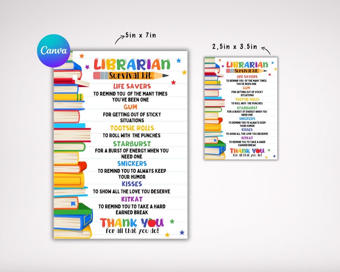 EDITABLE Librarian Survival Kit Printable, Back to School Gift, Pta Pto ...
