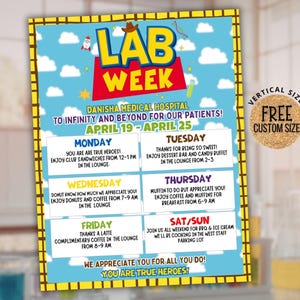 Puede incluir: Un colorido cartel para la Semana del Laboratorio en el Hospital Médico Danisha, con un fondo de cielo azul y nubes. El cartel incluye un calendario de eventos del 19 al 25 de abril, con actividades diarias y mensajes de agradecimiento. Una etiqueta circular dice "FREE CUSTOM SIZE".