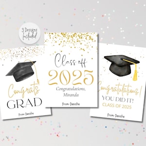 Etichetta regalo di congratulazioni per laureati stampabile, etichetta bomboniera per la festa di laurea per la classe dell'ultimo anno 2025, etichetta per borsa regalo di laurea in oro nero da scaricare in formato PDF