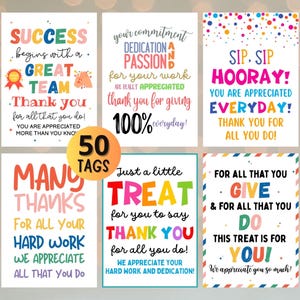 Op de afbeelding: Een set van 50 kleurrijke cadeaulabels met verschillende waarderingsberichten. De labels bevatten zinnen als "Bedankt", "Geweldig team" en "Hard werken", met heldere, speelse lettertypen en ontwerpen. Ideaal om dankbaarheid te tonen.