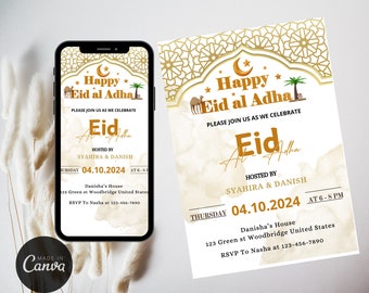 Puede incluir: Una tarjeta de invitación blanca y dorada con un diseño de luna creciente y estrellas. El texto dice "Feliz Eid al Adha" e incluye detalles para una celebración organizada por Syahira & Danish el jueves 4 de octubre de 2024, de 18:00 a 20:00 horas. El lugar es la casa de Danisha, 123 Green st Woodbridge United States. RSVP a Nasha al 123-456-7890.