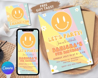 Editable Retro Daisy Smile Face Birthday Invitation, Pastel Smile Face Party Invite, Girls Retro Theme Birthday Party, Digital Invite SMR1