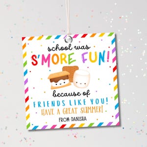 Die Schule war mehr Spaß, letzte Tag der Schule Tags, personalisierte S'mores Geschenkaufkleber, druckbare Tags für das Schuljahresende, Smores Tags