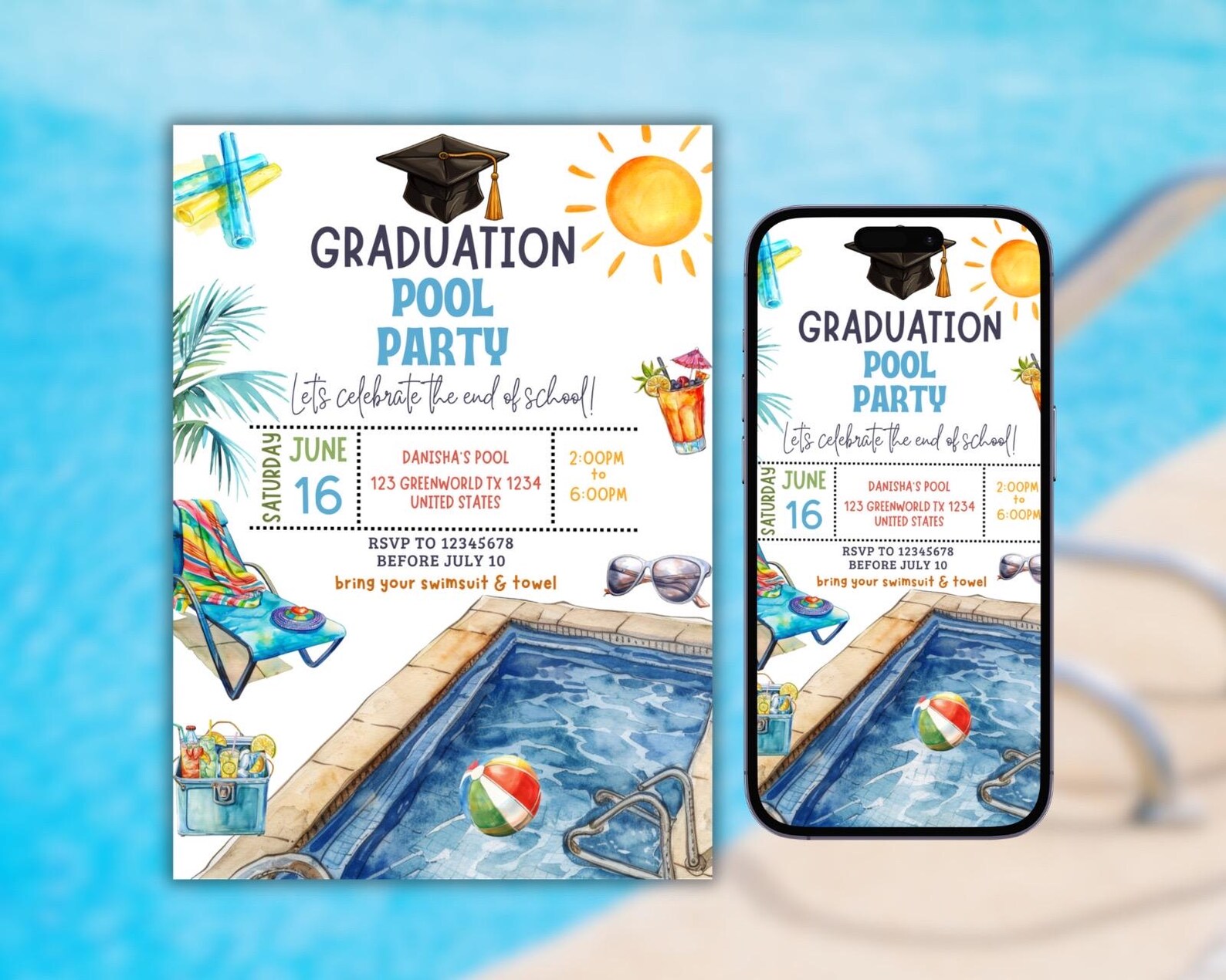 Graduation Pool Party Invitation Template, Editable Kindergarten Grad ...