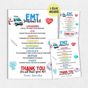 May include: EMT survival kit print with an ambulance illustration, a red heart, and medical-themed icons. The text includes a list of items like Lifesavers, gum, Smarties, and Skittles. The phrase "Thank You" is also included.