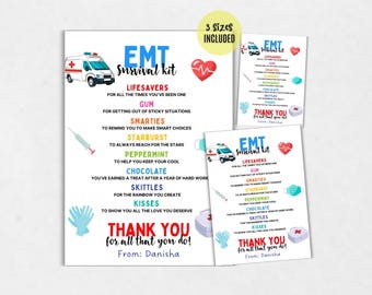 May include: EMT survival kit print with an ambulance illustration, a red heart, and medical-themed icons. The text includes a list of items like Lifesavers, gum, Smarties, and Skittles. The phrase "Thank You" is also included.