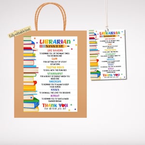 EDITABLE Librarian Survival Kit Printable, Back to School Gift, Pta Pto, School Librarian Appreciation Day, Thank You Gift Idea TEMPLATE