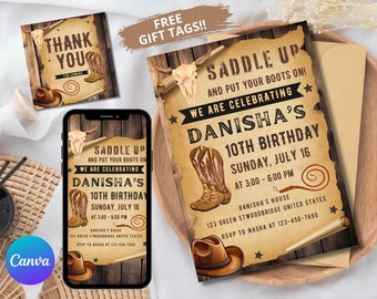 Editable Country Western Invitation, Cowboy Birthday Invitation,Rustic Wood, Cowboy Hat and Lasso,Western Birthday Party Template, Any Age