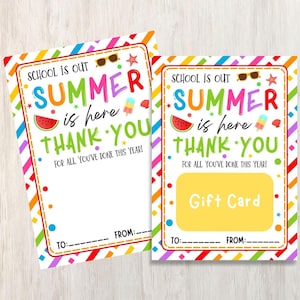 Tarjeta de regalo de agradecimiento "Terminó la escuela, llegó el verano", regalo para el último día de clases, tarjeta de fin de año, descarga instantánea e imprimible.
