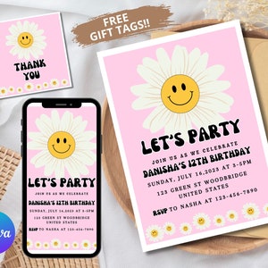 Editable Preppy Let's Celebrate Smile Face Birthday Invitation Template, Patches Party Invite, Birthday Invitation Girl Smiley Face, SMD1