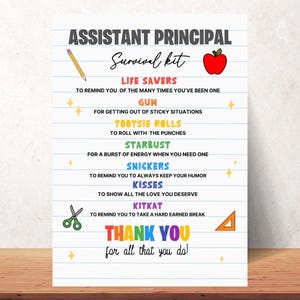 Étiquette pour kit de survie des directeurs d'école adjoints, carte de remerciement pour la journée des directeurs d'école, étiquette de sac cadeaux pour la semaine nationale d'appréciation des directeurs d'école adjointes