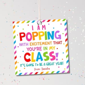 Puede incluir: Una etiqueta de regalo cuadrada y blanca con un borde de arcoíris y el texto "I AM POPPING WITH EXCITEMENT THAT YOU'RE IN MY CLASS! IT'S GOING TO BE A GREAT YEAR! From: Danisha". La etiqueta está colgada por un cordón blanco.