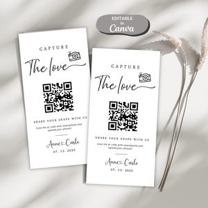 Cartello con codice QR "Cattura l'amore", cartello con foto di matrimonio stampabile, cartello "Cattura l'amore", cartello con condivisione di foto scansionabile, modello modificabile, Canva