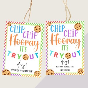 Edytowalne testy drużynowe Cookie Powodzenia Wydrukowane etykiety upominkowe, Chip Chip Hurra Testy drużynowe sportowe Siatkówka Softball Koszykówka Taniec Cheerleading