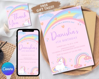 Faire-part d'anniversaire licorne modifiable pour tout âge, invitation d'anniversaire licorne arc-en-ciel, licornes arcs-en-ciel scintillants et or, modèle poney pastel U1