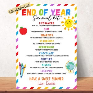 Kit de supervivencia para maestros de fin de curso imprimible, etiqueta de regalo de agradecimiento para maestros, regalo de agradecimiento para maestros, impresiones de kits de supervivencia de verano
