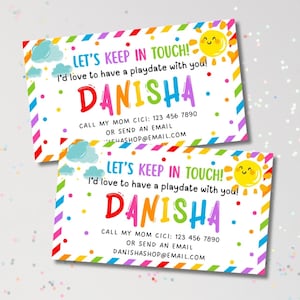 Plantilla editable para tarjetas de juego, tarjeta de contacto personalizada para niños, tarjetas para mantenerse en contacto, invitación para jugar al final del curso escolar en verano
