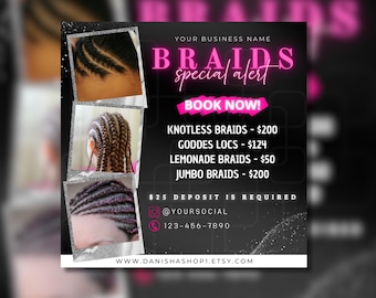 Braids Special Flyer, DIY Hair Salon Flyer, Hairstylist Appointments Available Book Now Flyer Beauty Social Media Editable Canva Template