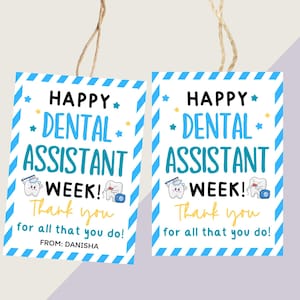 Etiqueta de presente para impressão da semana dos assistentes dentários, etiqueta de agradecimento para assistentes dentários, cartão de agradecimento pela semana de reconhecimento dos assistentes dentários