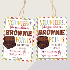 Volunteer Appreciation Gift Tags, Volunteers Deserve Brownie points, Community Appreciation Week Treat Thank You Label, Editable Template