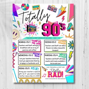 Editable 90s Theme Teacher Appreciation Week Itinerary (CANVA Template)