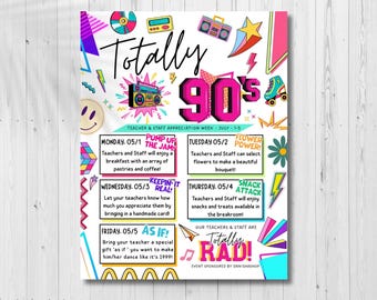 Editable 90s Theme Teacher Appreciation Week Itinerary (CANVA Template)
