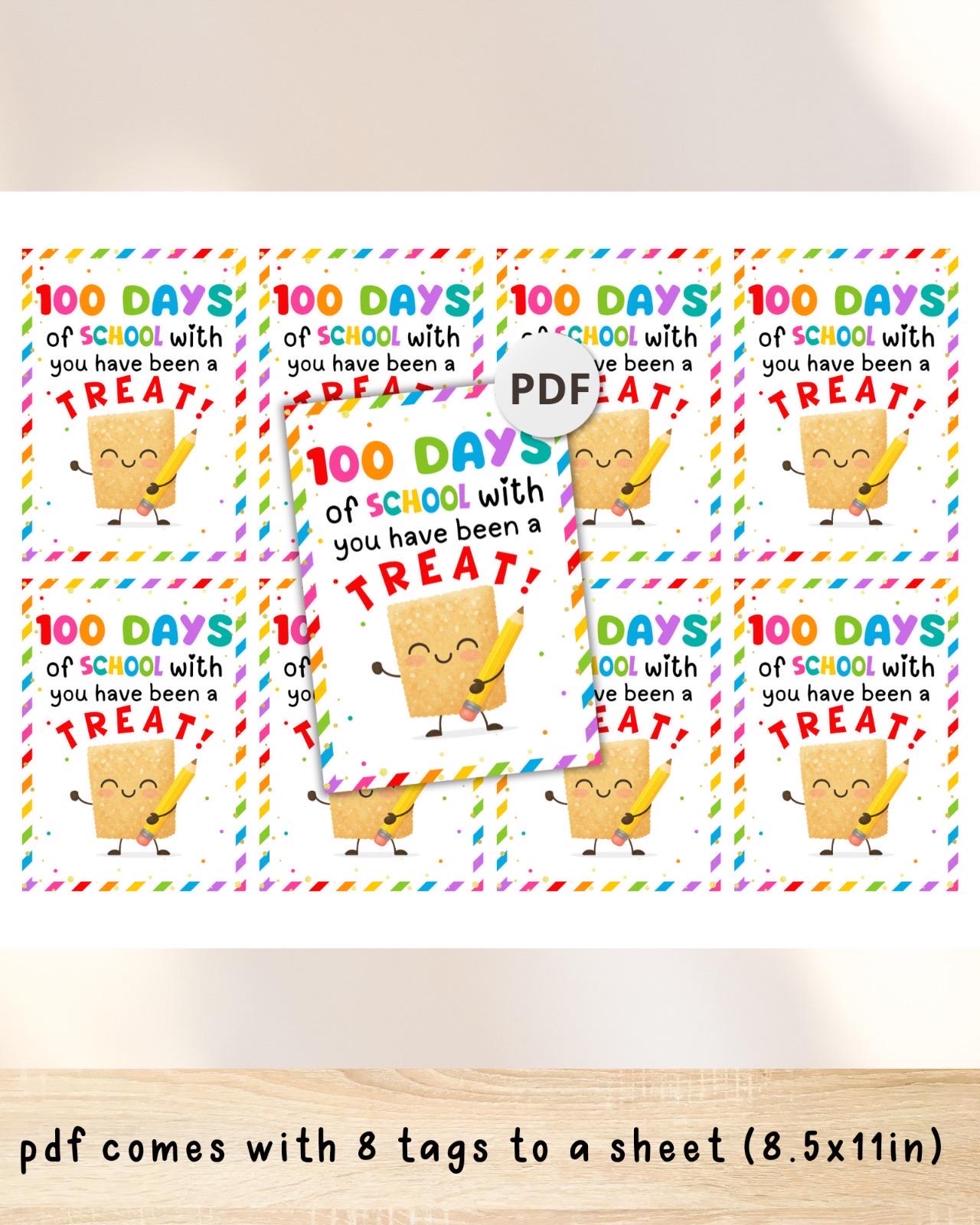 100 Days of School Printable Tag Crispy Rice Treats Classroom Gift for ...