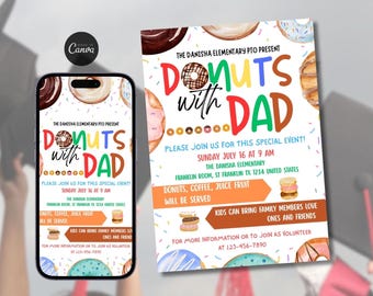 Plantilla de volante "Donuts con papá": Evento escolar del Día del Padre (Descarga digital)