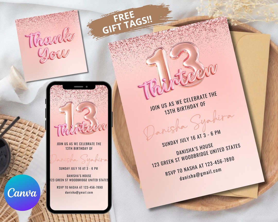 Editable 13th Birthday Invitation, Thirteen Birthday Invite, 13th ...