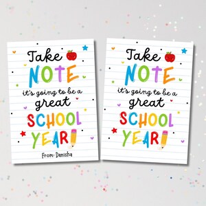 Etiqueta "Toma nota, será un gran año escolar", plantilla de etiqueta de regalo "Toma nota de regreso a clases", etiquetas de regalo imprimibles para el primer día de clases