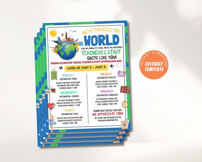 International Theme Teacher Appreciation Week Itinerary Flyer, Around ...