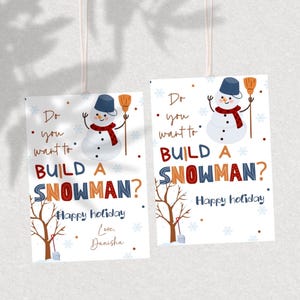 Vous voulez faire un bonhomme de neige ? Étiquette de cadeau pour sac de vacances à imprimer, étiquette cadeau vacances scolaires, cartes bonhomme de neige imprimables, bonhomme de neige