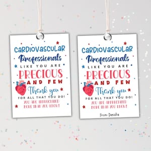 May include: Two white gift tags with the text "Cardiovascular Professionals" in blue and red. The tags also say "Like you are precious and few" and "Thank you". A red heart graphic is included.