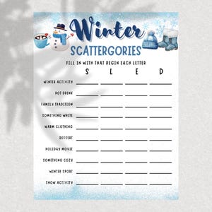Winter Scattergories,Winter Holiday Printable Games,Cold Weather Games,Wintertime Family Fun for Kids,Teens and Adults,Winter Classroom Game