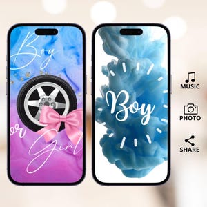 Peut inclure: Deux écrans de téléphone avec un fond bleu et violet. Le texte "Boy" est sur les deux écrans. Un écran a un pneu avec un nœud rose et le texte "or Girl". L'autre écran a un nuage bleu avec le texte "Boy".