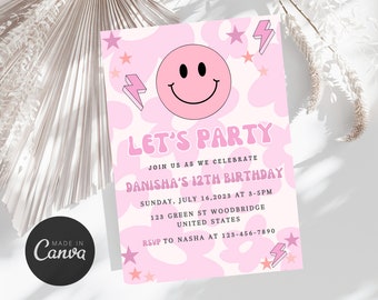 Editable Preppy Let's Celebrate Smile Face Birthday Invitation Template, Pink Patches Party Invite, Girl Smiley Face Invite,Kid Teen SML2