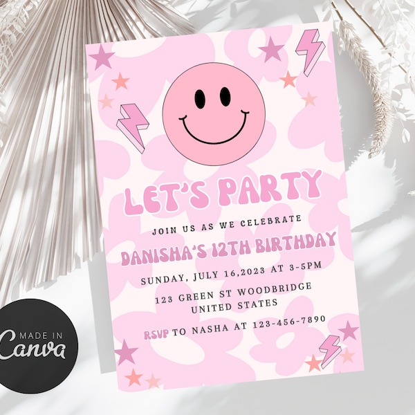 Editable Preppy Let's Celebrate Smile Face Birthday Invitation Template, Pink Patches Party Invite, Girl Smiley Face Invite,Kid Teen SML2