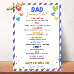 Kit de survie pour papa imprimable, cadeau drôle de fête des pères heureuse pour papa, sac de cadeaux, étiquette pour papa, kit de survie pour père modifiable étiquette cadeau