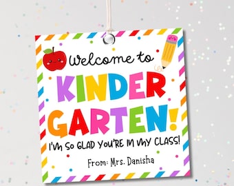 Welcome To Kindergarten Gift Tag Template: Printable Square Favor Tags (Digital Download)